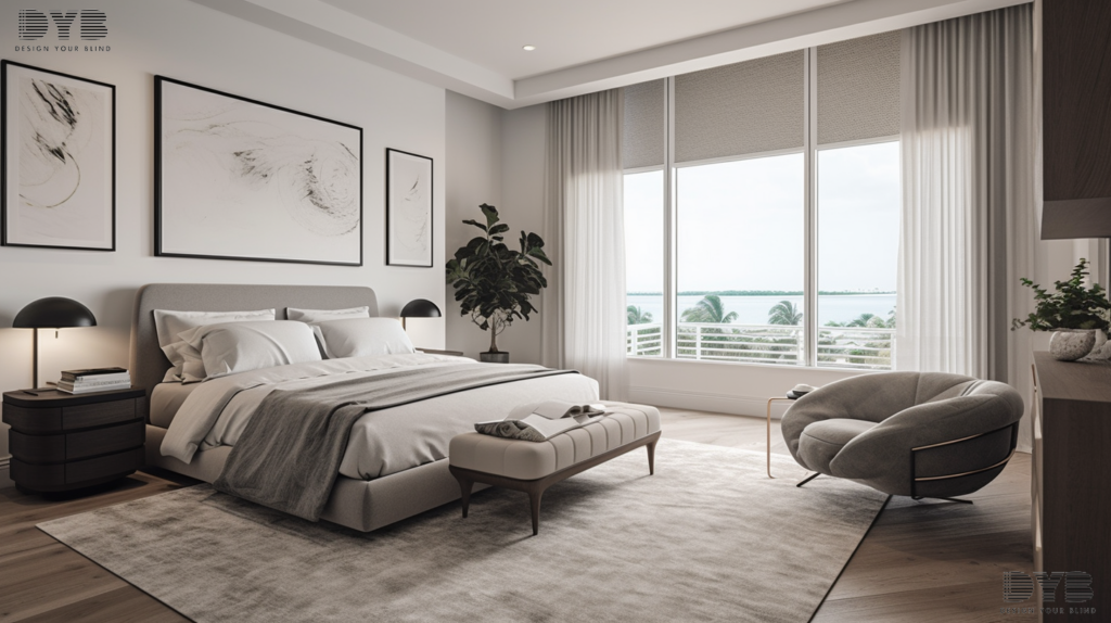 A master bedroom in West Palm Beach, FL, with Urban Modern design, featuring furniture from Arhaus and fully closed Solar Roller Shades, offering a view of the ocean.