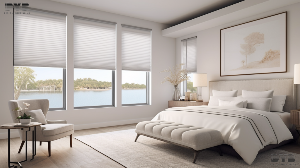 A West Palm Beach master bedroom featuring Honeycomb Shades and a Williams Sonoma bed