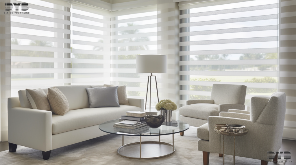 Designer Banded Shades in a Highland Beach living room, offering a balance of light and privacy.