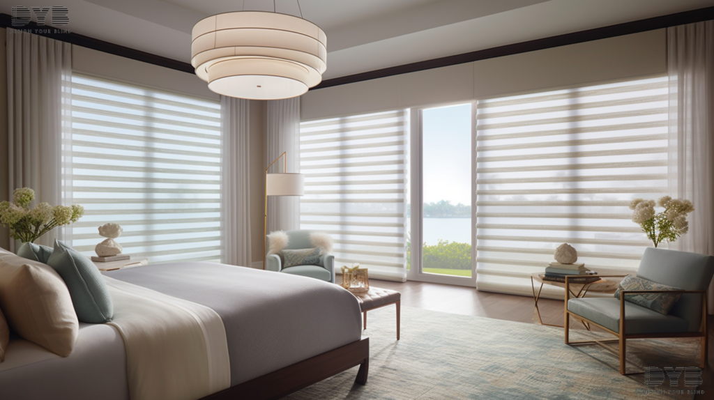 Designer Banded Shades in a Highland Beach bedroom, creating a serene and stylish retreat.