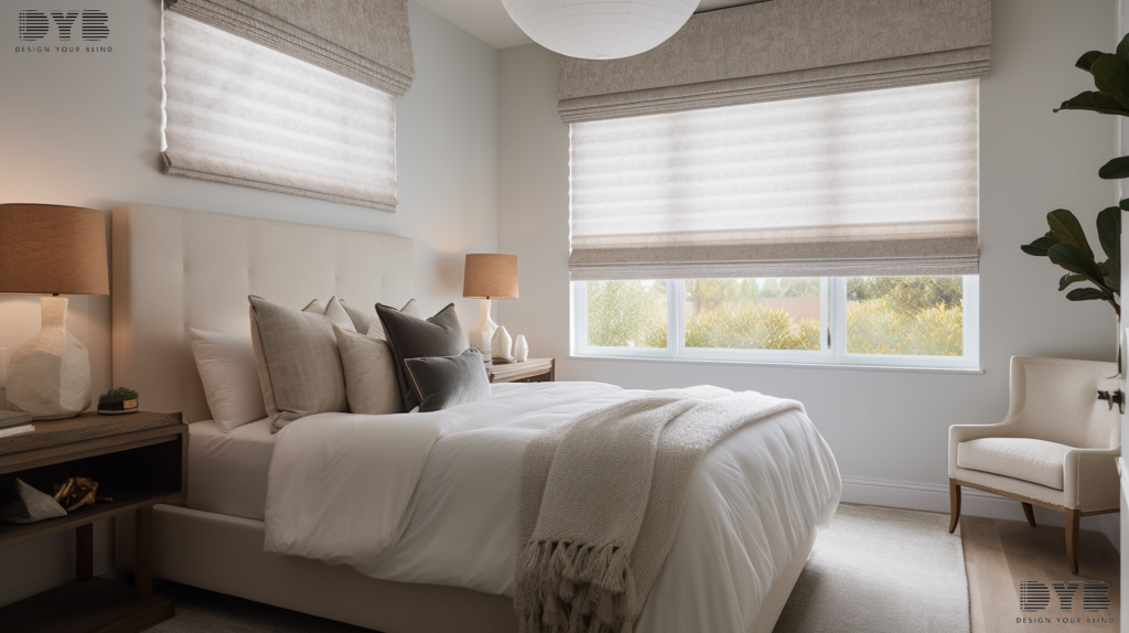 A guest bedroom in West Palm Beach, FL, with Farmhouse Modern design, featuring a plush bed from Restoration Hardware and partially closed Roman Shades with Floral fabric, offering a view of a tranquil backyard.