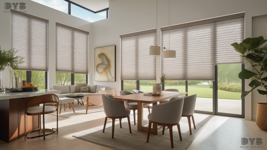 A West Palm Beach casual dining room featuring Cellular Shades and a Bernhardt dining table