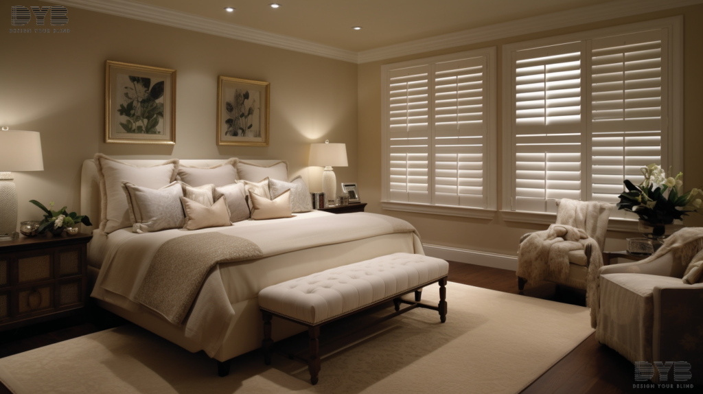 Plantation Shutters and sheer curtains in a Highland Beach bedroom, creating a harmonious blend of elegance and functionality.