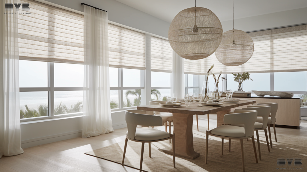 Woven wood Roman Shades in a Highland Beach dining room, creating a warm and inviting atmosphere with natural light.