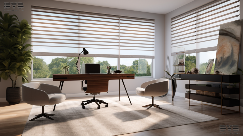 Designer Banded Shades in a Highland Beach home office, creating a stylish and functional workspace.
