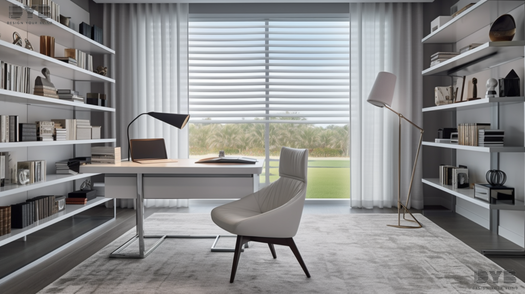 Motorized Hunter Douglas Silhouette Shades in a Highland Beach home office, creating a serene and focused work environment.