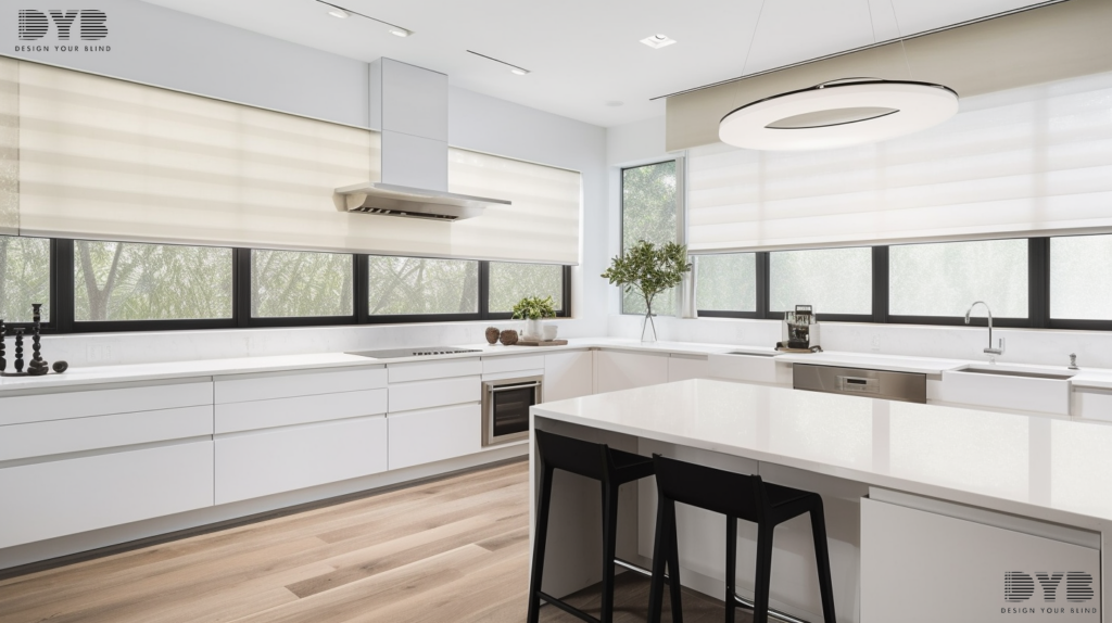 A kitchen with roller shades in a Highland Beach home.