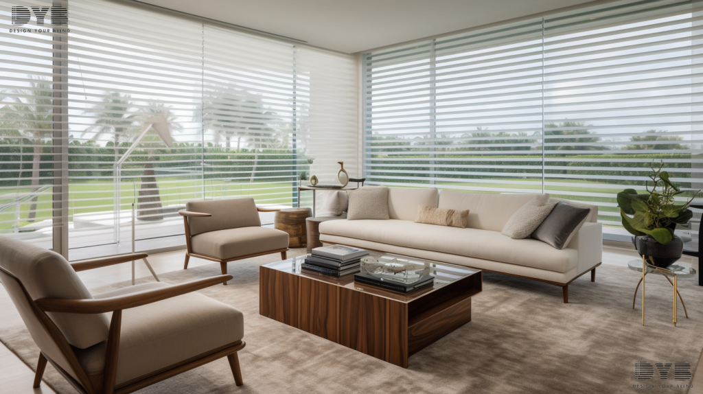 Designer Banded Shades in a Highland Beach living room, providing a stylish and practical window treatment.