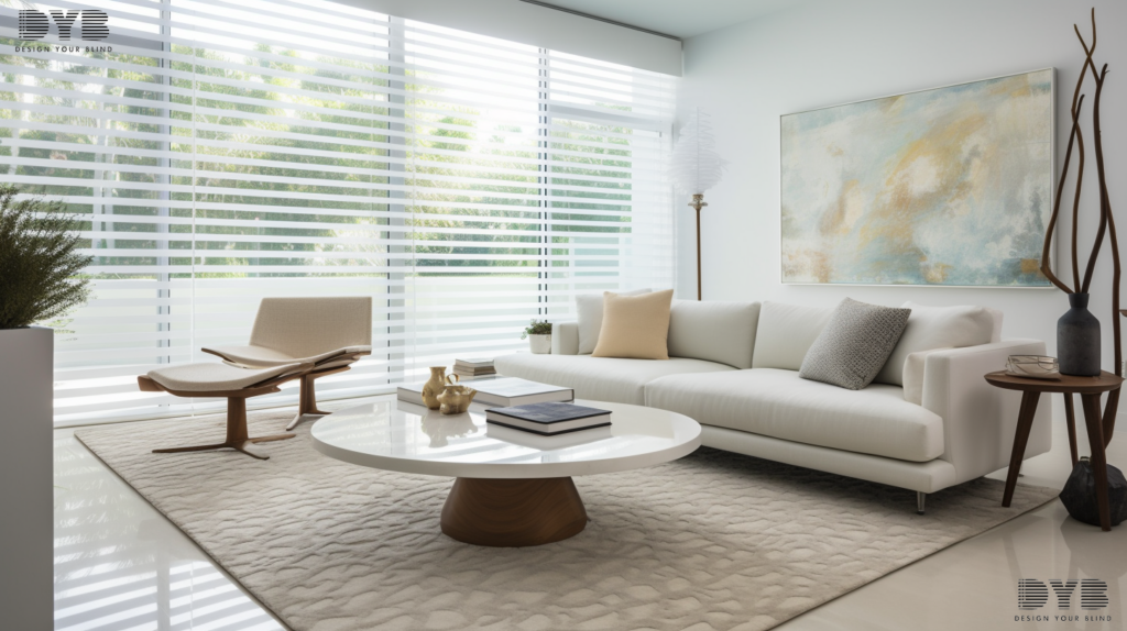 Hunter Douglas Pirouette Shades in a Highland Beach living room, providing elegant light control and a modern aesthetic.