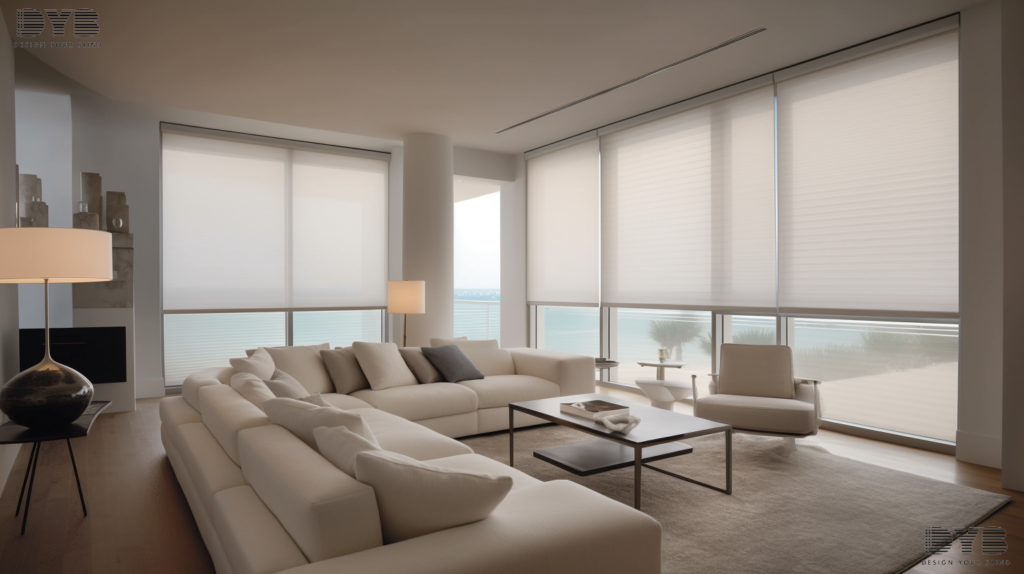 A spacious living room with roller shades in Highland Beach, Florida.