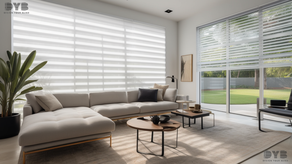 A West Palm Beach formal living room with Solar Roller Shades and a Crate & Barrel sectional sofa