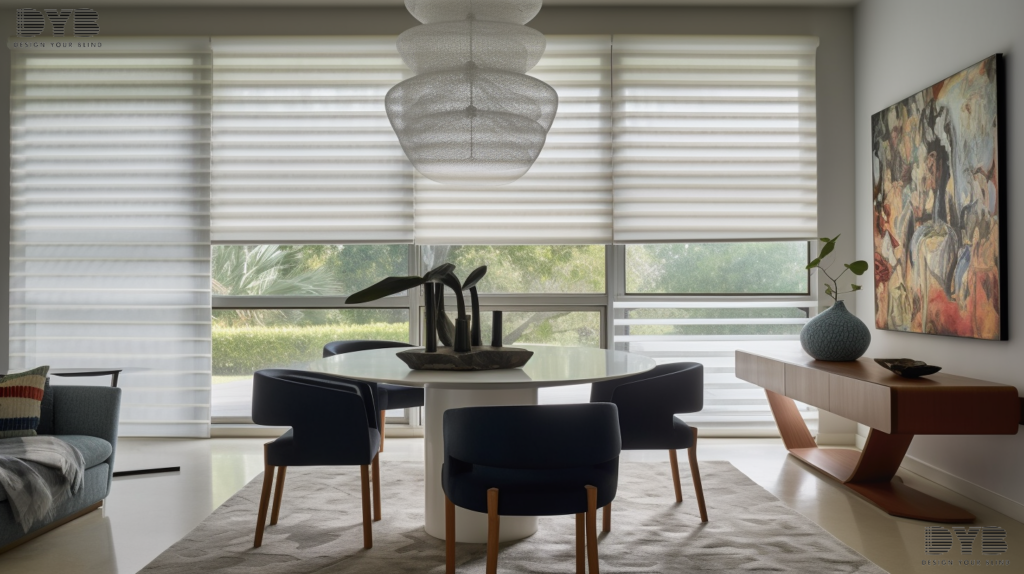 A West Palm Beach dining room with Roman Shades and an Ethan Allen dining table