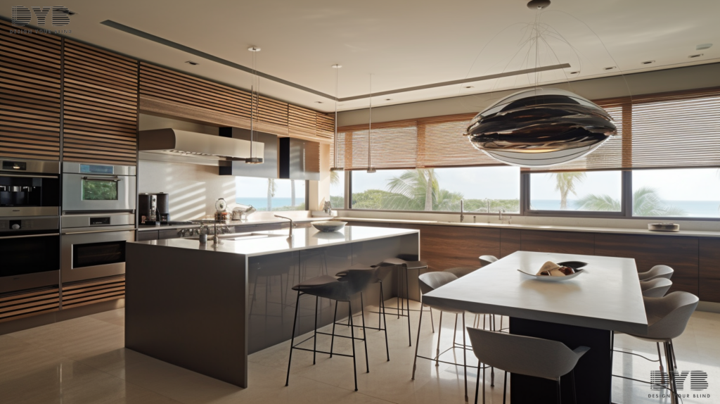 Designer Banded Shades in a Highland Beach kitchen, adding a touch of modern elegance and functionality.