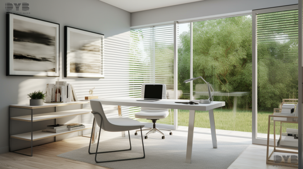 A minimalist home office with a sleek desk and ergonomic chair, decorated in a minimalist style with a focus on clean lines and neutral colors. The large windows overlooking the backyard are adorned with Solar Shades, fully closed, creating a sense of tranquility and privacy.