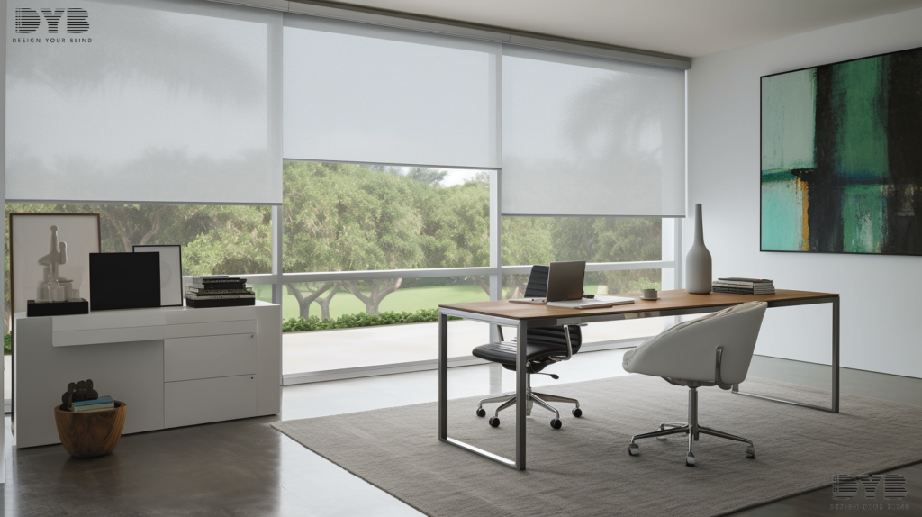 A home office with motorized roller shades in Highland Beach, Florida.