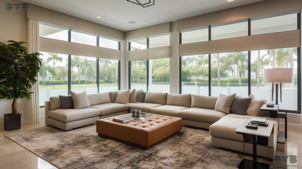A Boynton Beach family room featuring motorized Screen Shades for ultimate comfort and style.