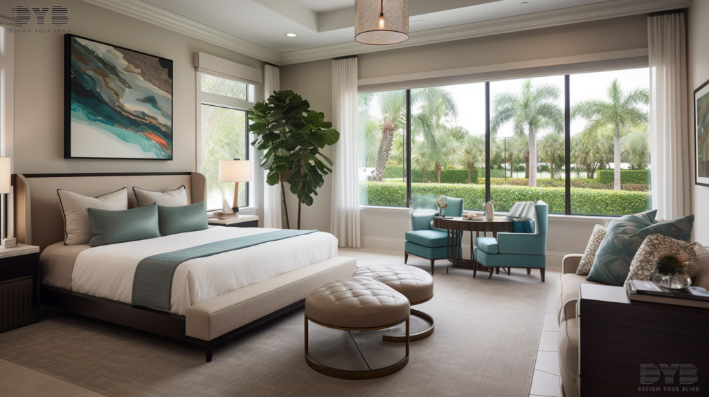A luxurious master bedroom in Palm Beach Gardens, FL, featuring Bernhardt furniture and Silhouette Shades overlooking a backyard with a pool. The room is decorated in a coastal style.