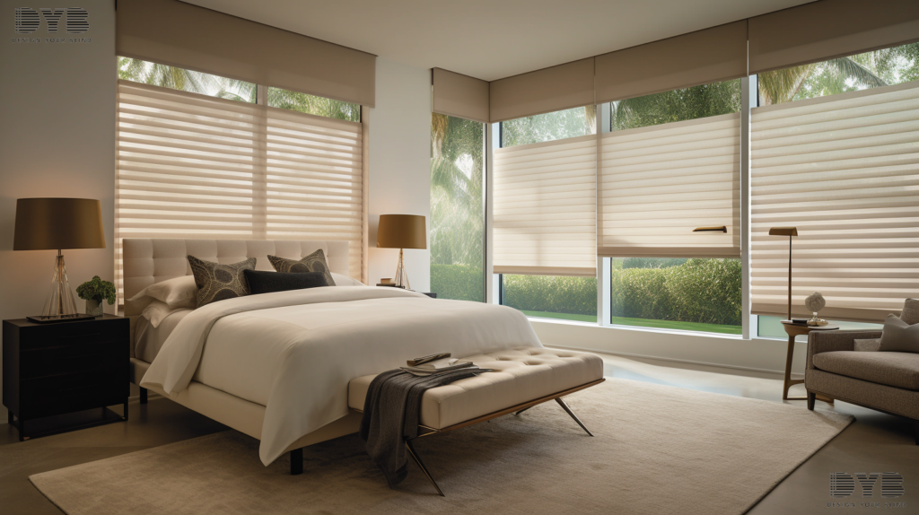 A serene guest bedroom in Palm Beach Gardens, FL, featuring a large window with fully closed Silhouette Shades. The room is decorated in a minimalist style with Bernhardt furniture.