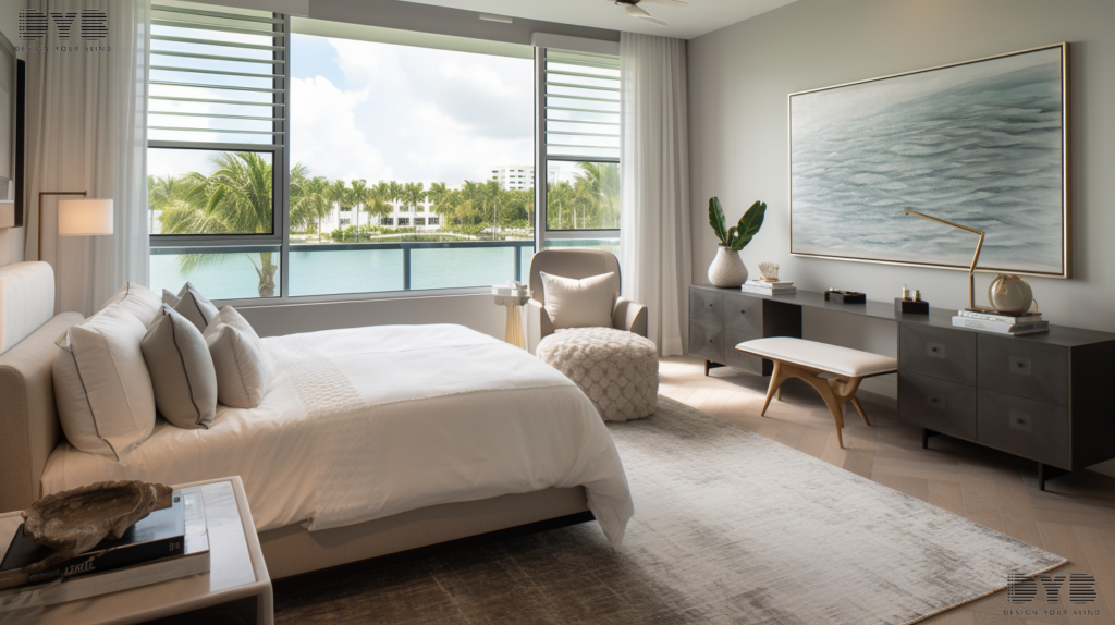 A Guest Bedroom in Boca Raton, Florida, with a view of the Intercoastal Waterway, showcases a cozy and inviting atmosphere with Pirouette Shades.