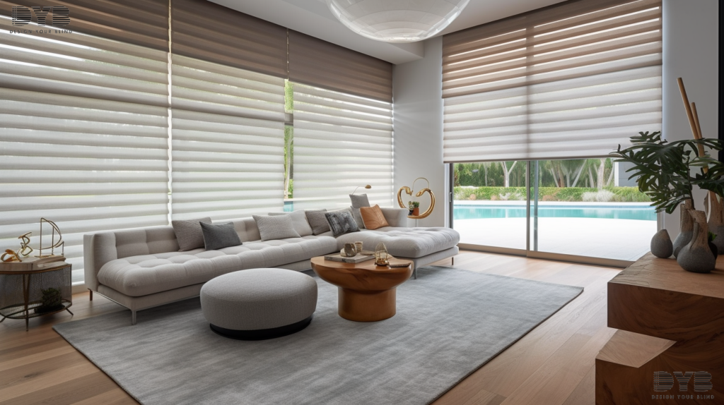 A Farmhouse Modern Formal Living Room in Boca Raton, Florida, with Pirouette Shades, showcasing a relaxed and luxurious atmosphere with a backyard pool view.
