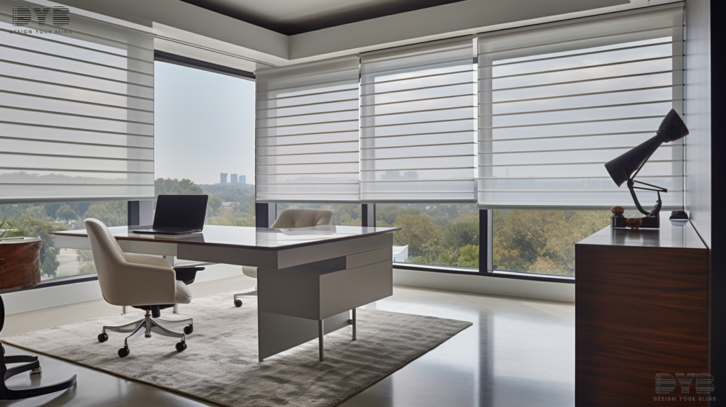 A modern Home Office in Boca Raton, Florida, with Pirouette Shades, showcasing a sleek and functional workspace with a view of a golf course.