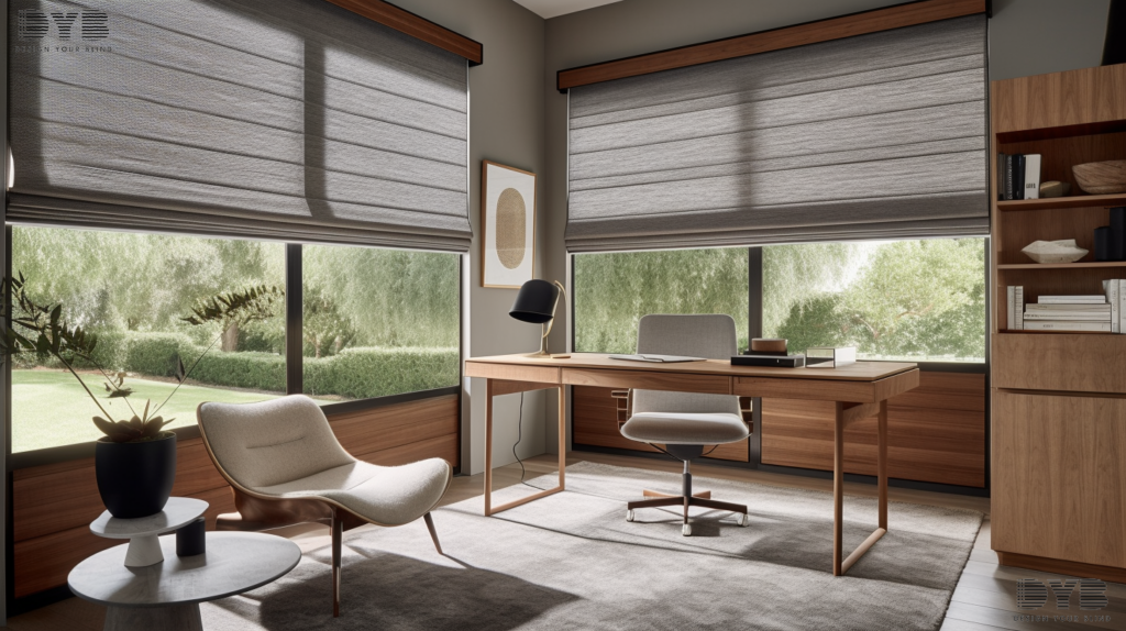 A minimalist home office in Parkland, FL with custom woven wood shades, a sleek desk and ergonomic chair, creating a serene and productive atmosphere.