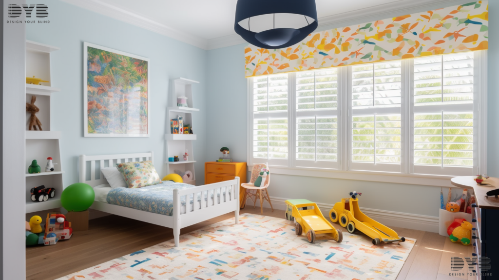 A bright and cheerful Kids Bedroom in Delray Beach, FL, with a modern interior design style and furniture from Restoration Hardware. The windows look out to a backyard view. The window has Honeycomb Shades, partially closed, allowing some soft sunlight to filter through. The room is accented by a playful patterned rug and a few playful toys, creating a fun and inviting atmosphere for a child.