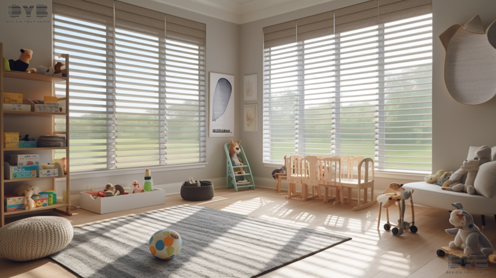 A playful playroom in Delray Beach with Silhouette Shades, featuring a stunning golf course view.