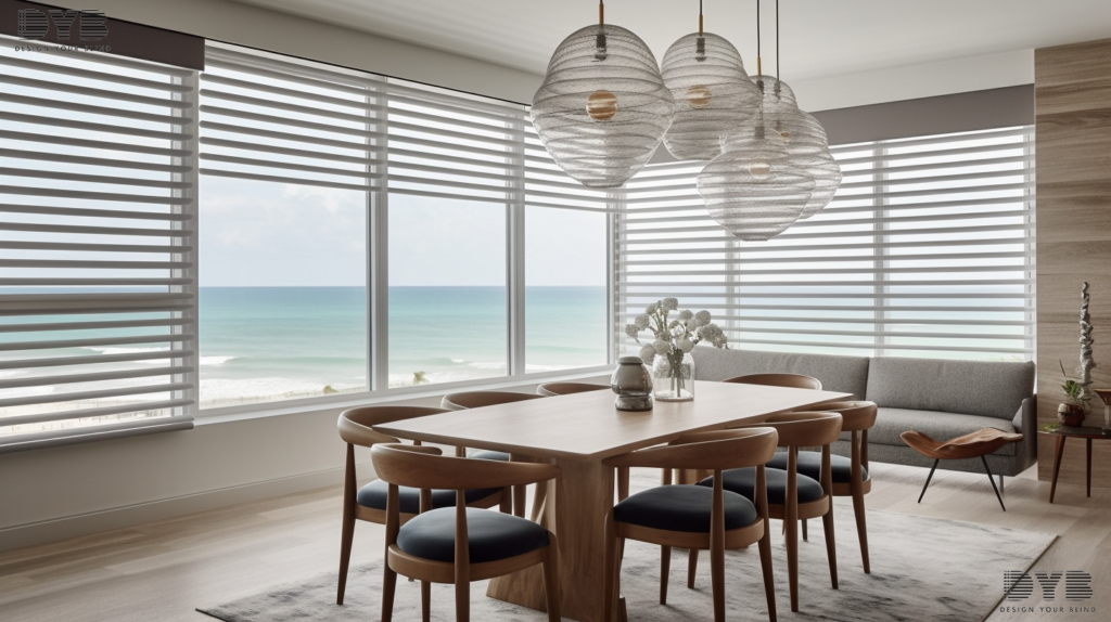 A Farmhouse Modern Dining Room in Boca Raton, Florida, with Pirouette Shades and a view of the ocean, showcases a serene and welcoming atmosphere.
