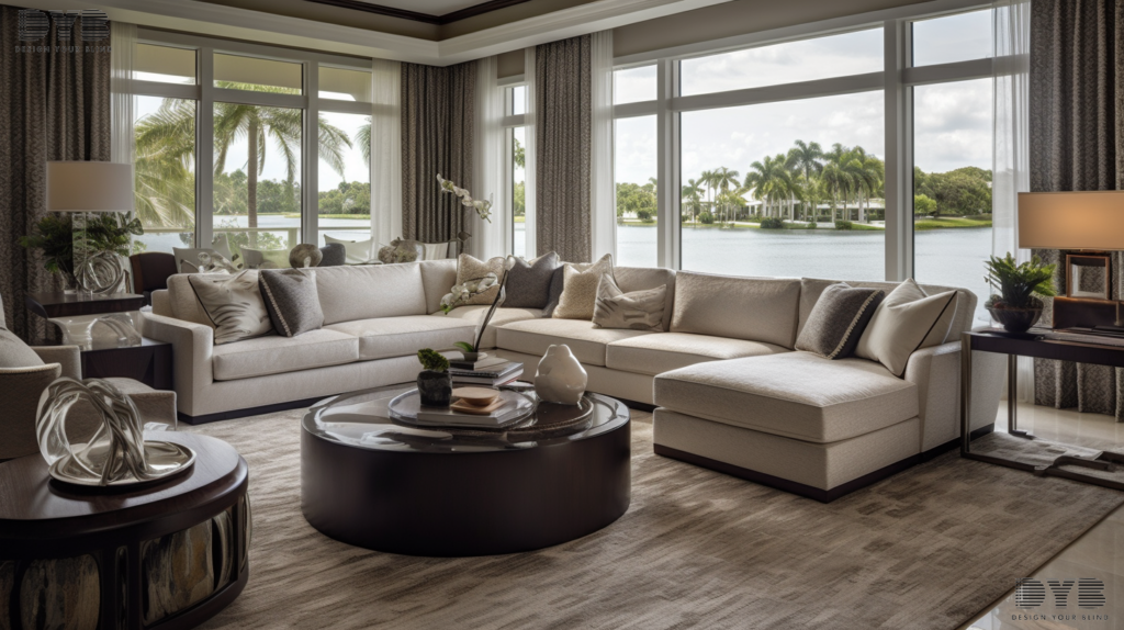 A spacious Formal Living Room in Delray Beach, FL, with a transitional interior design style and furniture from Bernhardt. The room features a large window that looks out to an Intercoastal Waterway view. The window features a fully closed set of Honeycomb Shades, adding a touch of elegance to the space. The room is accented by a large, plush sectional sofa and a coffee table with a statement sculpture, adding a touch of sophistication to the space. The sunlight streams through the shades, creating a warm and inviting ambiance.