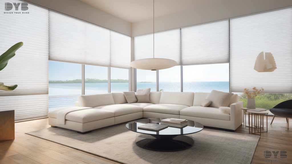 Honeycomb Shades in Highland Beach, Florida living room.