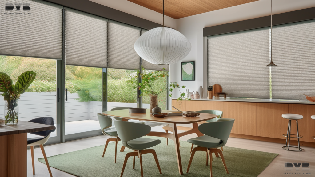 A dining room in Lighthouse Point with Honeycomb Shades, showcasing a contemporary interior design with a sleek dining table and chairs, and a tranquil view of the golf course.