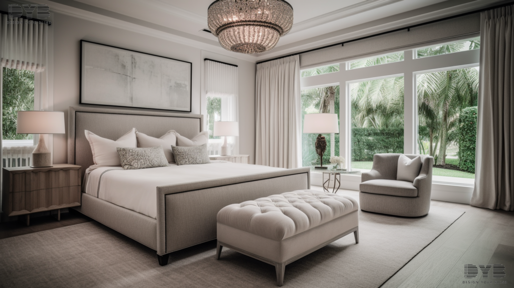 A luxurious Master Bedroom in Delray Beach, FL, with a transitional interior design style and furniture from Restoration Hardware. The room features a large window that looks out to a Backyard view. The Honeycomb Shades are partially closed, allowing for a soft and diffused light to filter through. The room is accented by a king-sized bed with plush bedding and a cozy seating area, creating a tranquil and relaxing atmosphere.