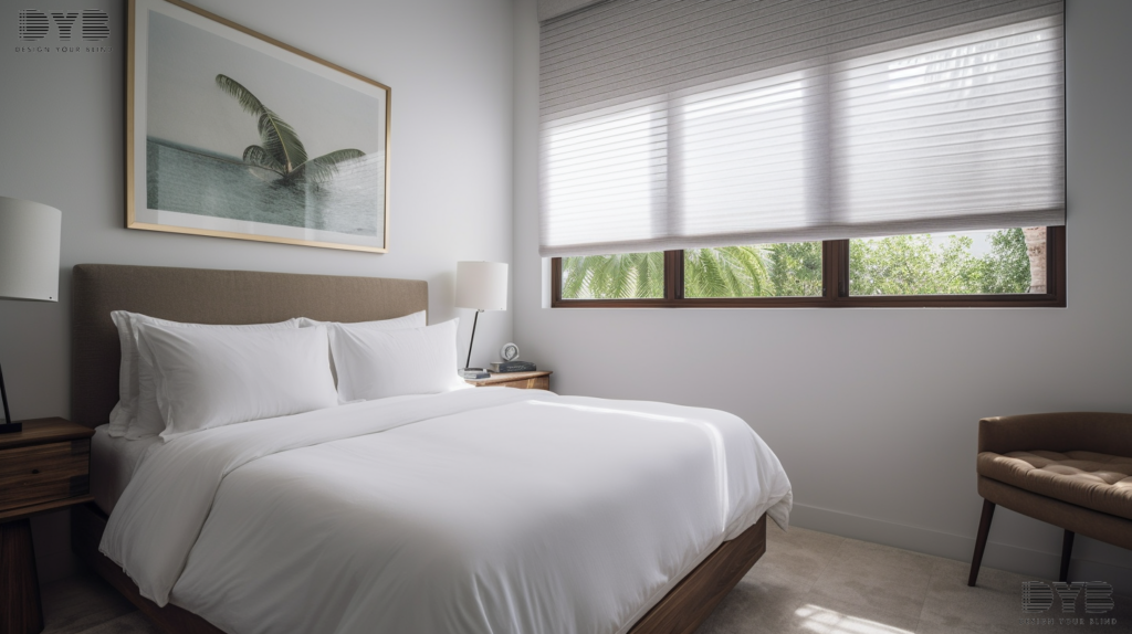 A guest bedroom in Lighthouse Point with Honeycomb Shades, showcasing a minimalist interior design with a plush bed and a tranquil view of the canals.