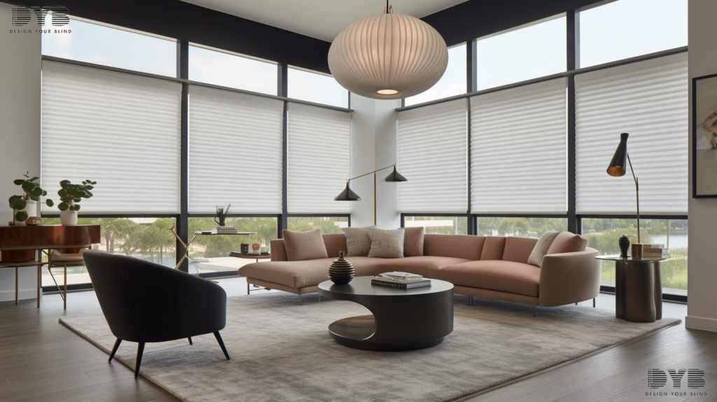 A modern living room in Parkland, FL with Hunter Douglas Honeycomb Shades, a plush leather sofa and a sleek glass coffee table, creating a warm and inviting ambiance.
