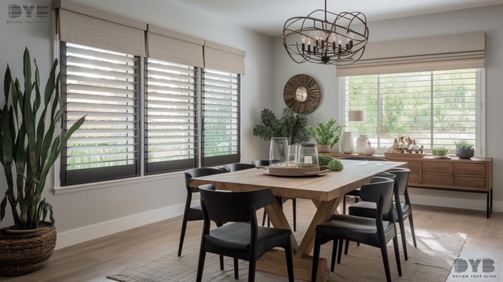 A cozy Casual Dining Room in Delray Beach, FL, with a farmhouse modern interior design style and furniture from Williams Sonoma. The windows overlook a Backyard view. The Honeycomb Shades are partially closed, allowing for a warm and inviting ambiance. The room is accented by a rustic farmhouse table and chairs, adding a touch of charm and warmth to the space. The sun's rays softly illuminate the room, creating a natural and inviting glow.