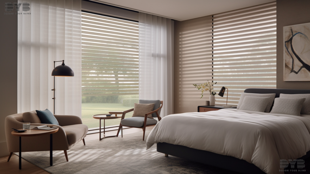 A minimalist bedroom in Parkland, FL with Hunter Douglas Silhouette Shades, a plush bed, sleek nightstand, and a modern lamp, creating a serene and calming atmosphere.