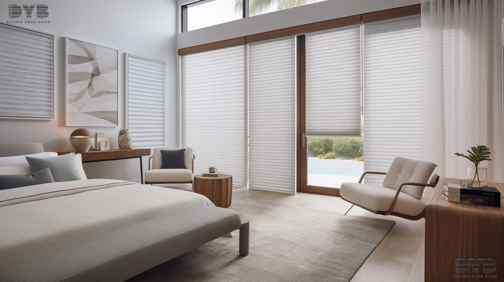 A bedroom in Lighthouse Point with Honeycomb Shades, showcasing a modern interior design with a comfortable bed, a reading nook, and a tranquil view of the canals.