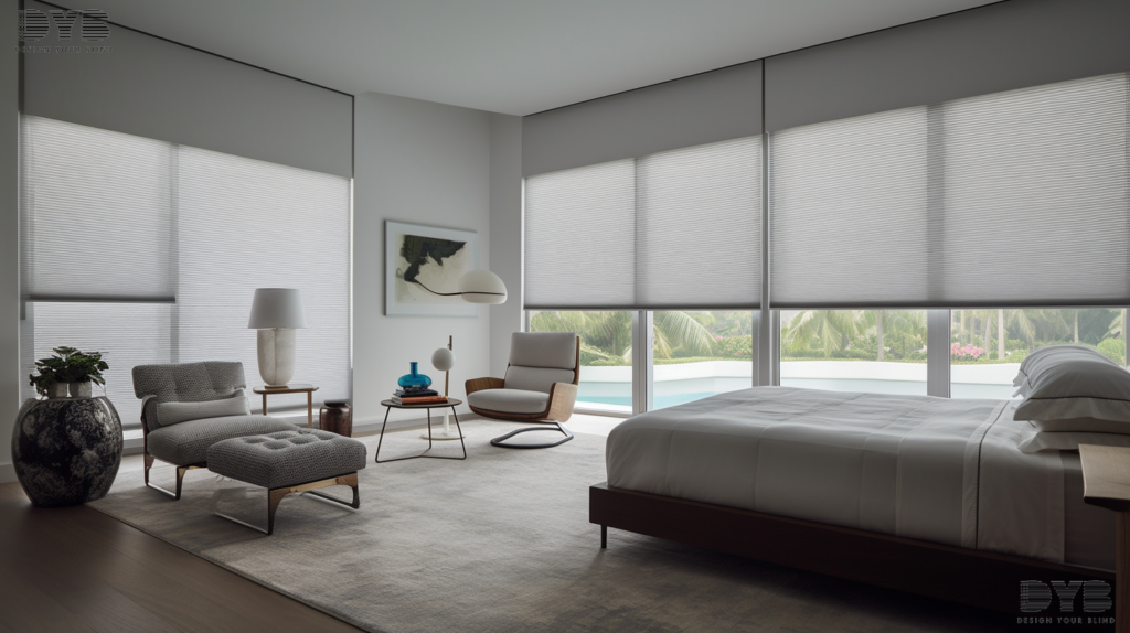 A master bedroom in Lighthouse Point with Honeycomb Shades, showcasing a modern interior design with a plush bed, a comfortable seating area, and a tranquil view of the lake.