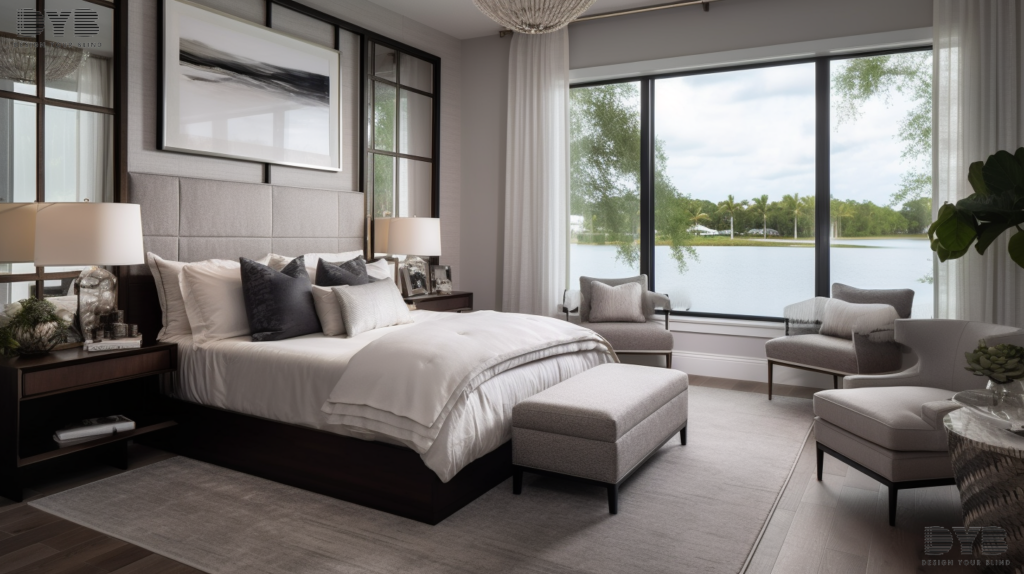 A cozy bedroom in Parkland, Florida, featuring a king-sized bed with plush bedding and a comfortable reading nook. The windows are adorned with fully closed Hunter Douglas Silhouette Shades, creating a dark and serene atmosphere. The room is decorated in a contemporary style with a mix of textures and neutral tones, and a glass sculpture on the nightstand adds a touch of modern elegance.