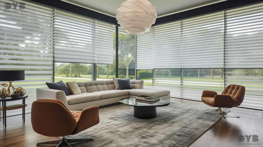 A contemporary living room in Parkland, FL with motorized Hunter Douglas Pirouette Shades, a plush leather sectional and a sleek glass coffee table, creating a dramatic and sophisticated ambiance.