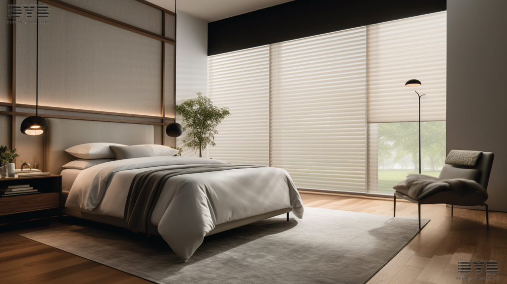 A modern bedroom in Parkland, FL with motorized Hunter Douglas Silhouette Shades, a king-sized bed, plush duvet, and sleek nightstand, creating a calming and tranquil atmosphere.