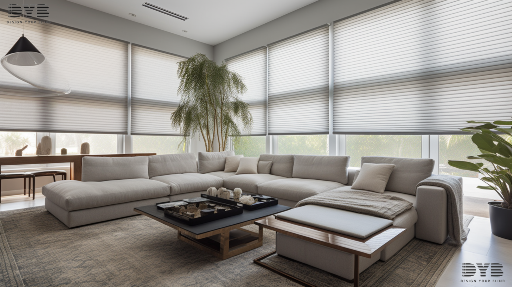 A spacious family room in Parkland, Florida, featuring a large window with a fully closed set of motorized Hunter Douglas Honeycomb Shades. The shades are diffusing sunlight, creating a warm and inviting ambiance. The room is decorated in a transitional style with a plush sectional sofa, a rustic coffee table, and a patterned rug. A glass sculpture on a table adds a touch of contemporary sophistication.