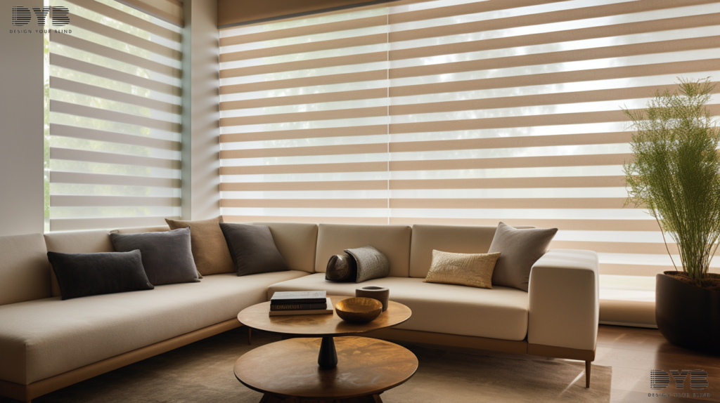 A close-up shot of a window with a set of Designer Banded Shades in a Parkland, Florida home. The shades are partially closed, allowing for soft, diffused light to filter through the room. The shades are a neutral beige color, complementing the warm tones of the room. The background features a plush white sectional sofa and a sleek glass coffee table.