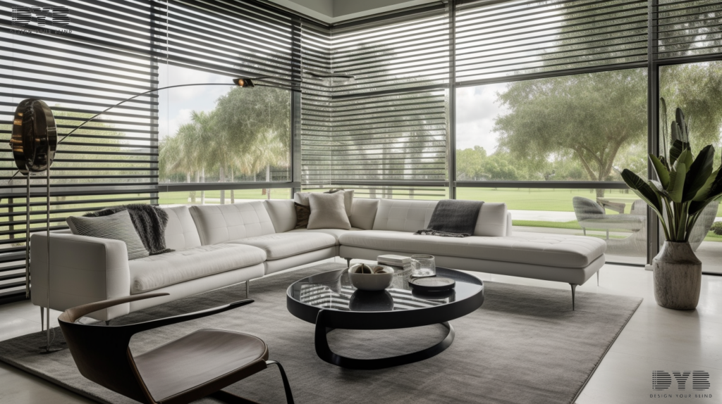 A spacious living room in Parkland, Florida, with large windows featuring Designer Banded Shades. The shades are partially closed, filtering the sunlight and creating a warm, inviting atmosphere. The room is decorated with modern furniture and a large abstract metal sculpture, creating a sophisticated and stylish design.