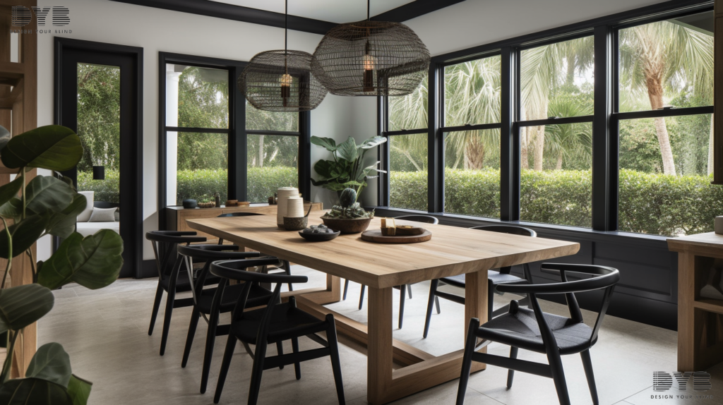 A farmhouse modern dining room in Parkland, FL with Solar Shades, a rustic table and chairs from Crate & Barrel, creating a warm and inviting ambiance with a lush garden view.