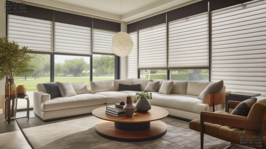 A modern family room in Delray Beach with Roman Shades, featuring a stunning lake view.