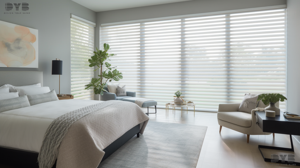 A cozy guest bedroom with Zebra Shades in Delray Beach, Florida, featuring Urban Modern style furniture.