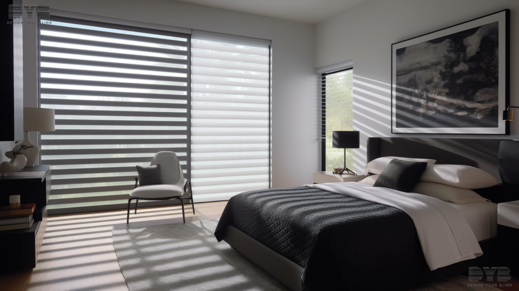 A serene guest bedroom in Delray Beach with Zebra Shades, featuring an Urban Modern design.