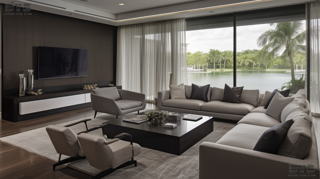 A spacious family room with blackout roller shades, featuring plush sofas, a large flat-screen TV, and a sleek coffee table.
